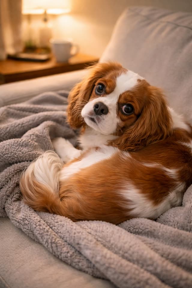 A photo of a cavalier king charles spaniel on a sofa